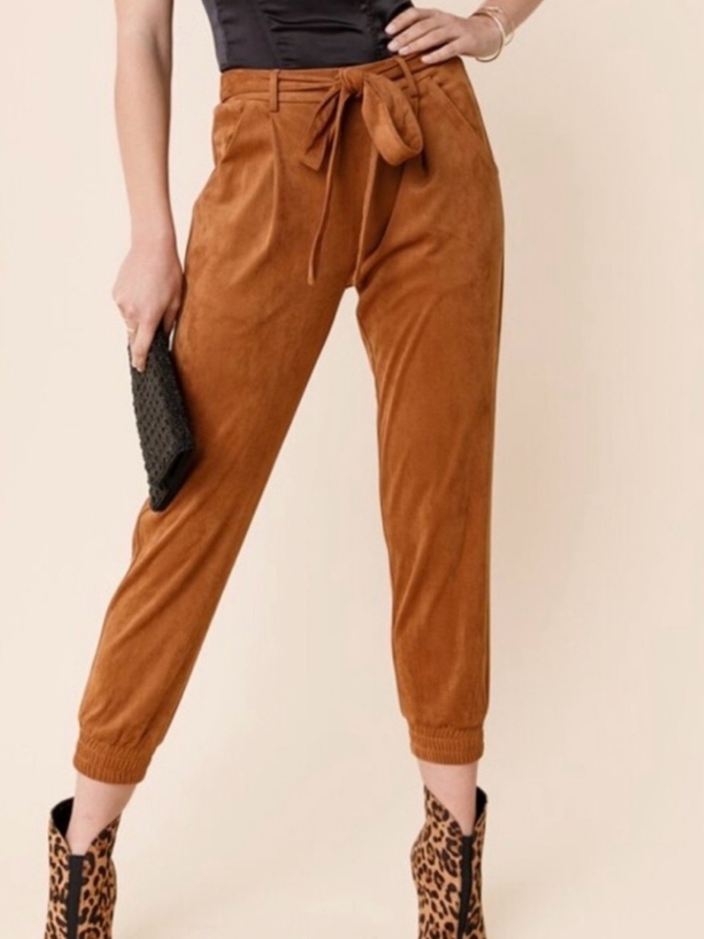 Blue Rain Chestnut Tie-Waist Suede Jogger Pants